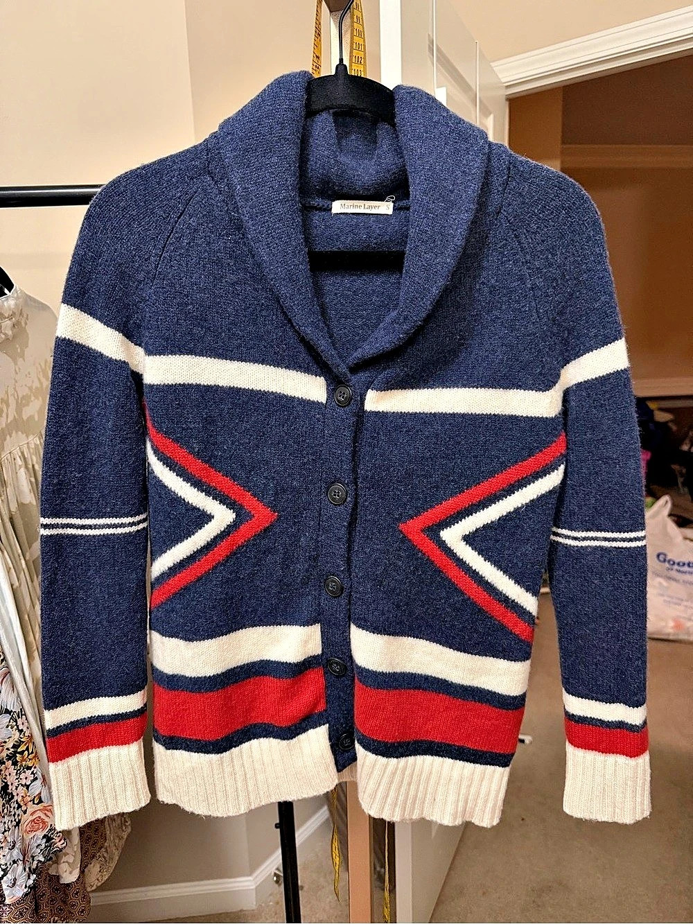 Marine Layer Varsity Shawl Cardigan Blue & Red Size Small - Picture 2 of 3